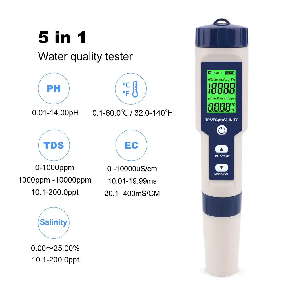 5 in 1 TDS/EC/PH/Salinity/Temperature Meter Digital Water Quality Monitor Tester