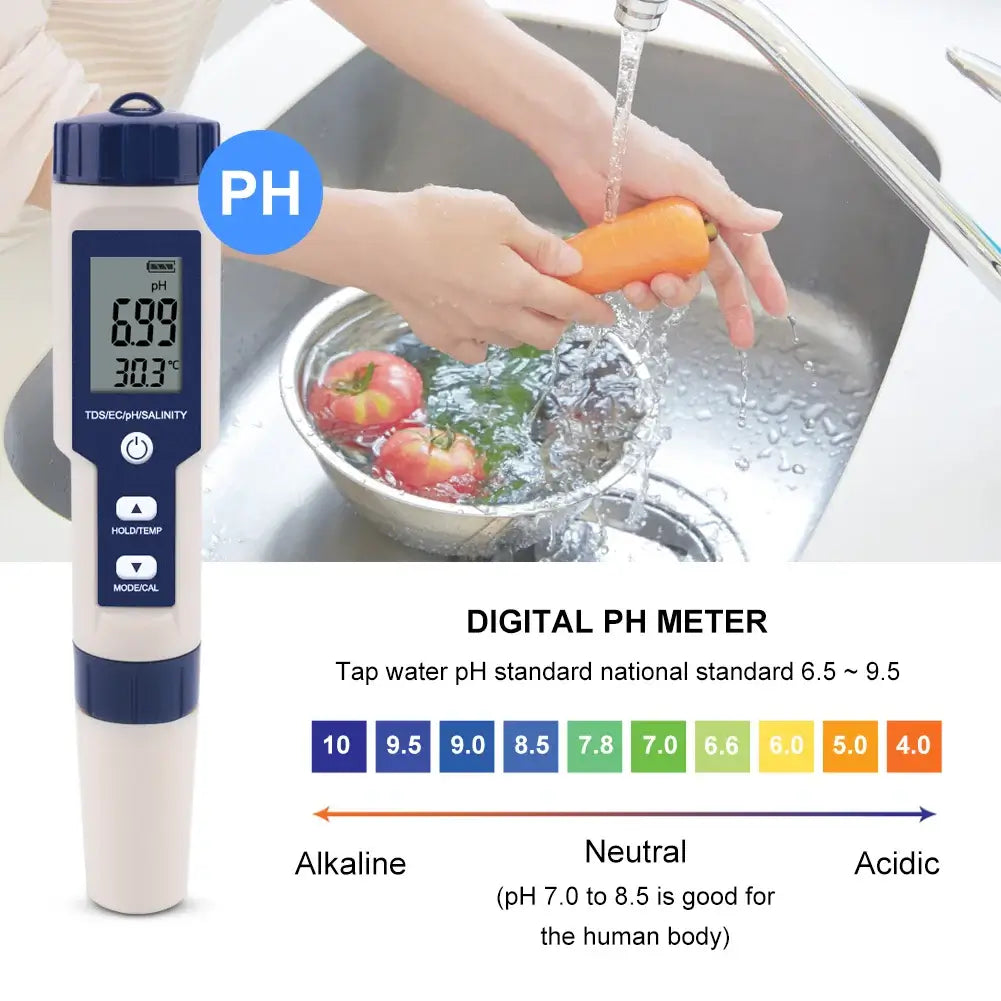 5 in 1 TDS/EC/PH/Salinity/Temperature Meter Digital Water Quality Monitor Tester