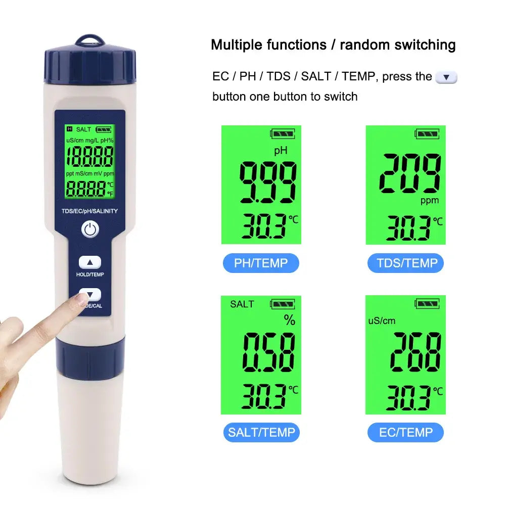 5 in 1 TDS/EC/PH/Salinity/Temperature Meter Digital Water Quality Monitor Tester