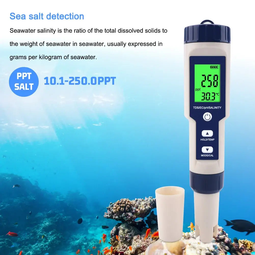 5 in 1 TDS/EC/PH/Salinity/Temperature Meter Digital Water Quality Monitor Tester