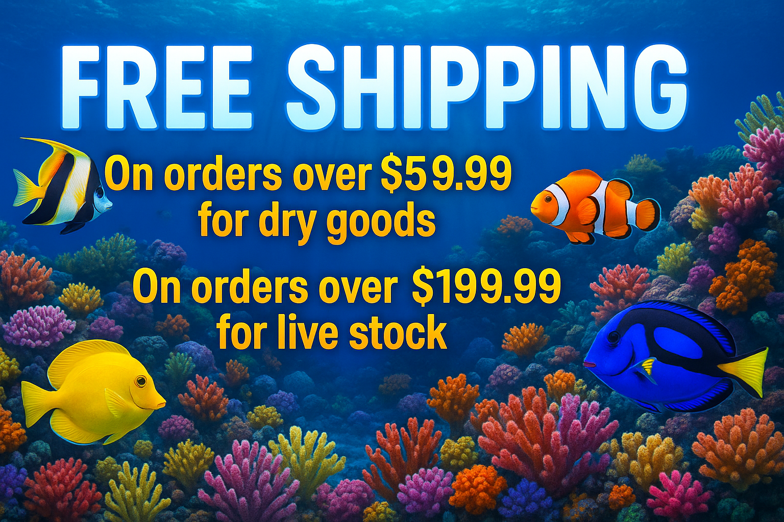 Free Shipping On orders over 59.99 for dry good and over 199.99 for live stock use a real picture of a reef on the back ground highlight the text make it look awesome